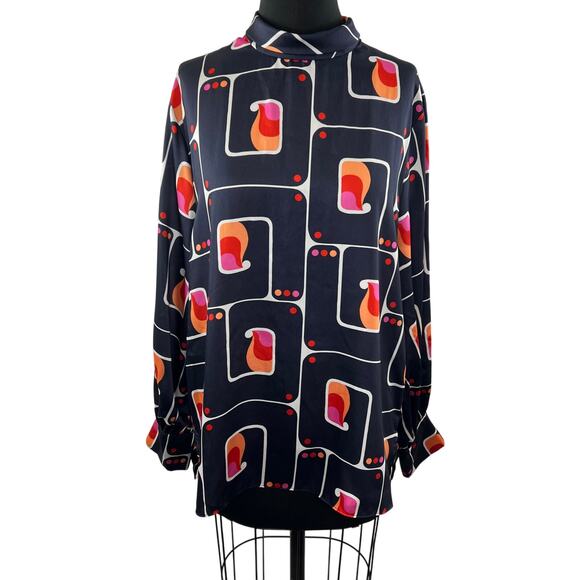ZARA Navy Blue Orange Geometric Printed Long Sleeve Pullover Blouse Top Size L - Picture 1 of 8